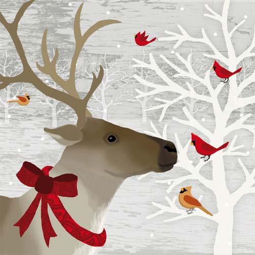 Holiday Paper Cocktail Napkin with Deer and Cardinals