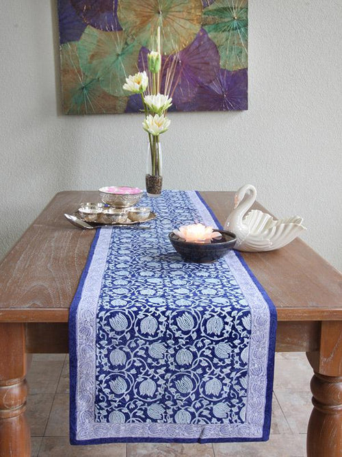 Blue Midnight Lotus 18X90 Block Printed Table Runner