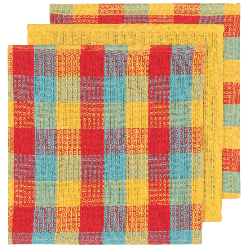 Yellow Teal and Red Checked Waffle Weave Dishcloth Set