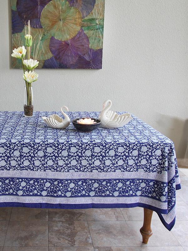 Midnight Lotus Block Print 70X90 Blue Tablecloth