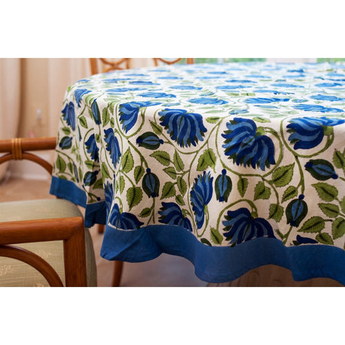 Blue Green Lotus Round Tablecloth