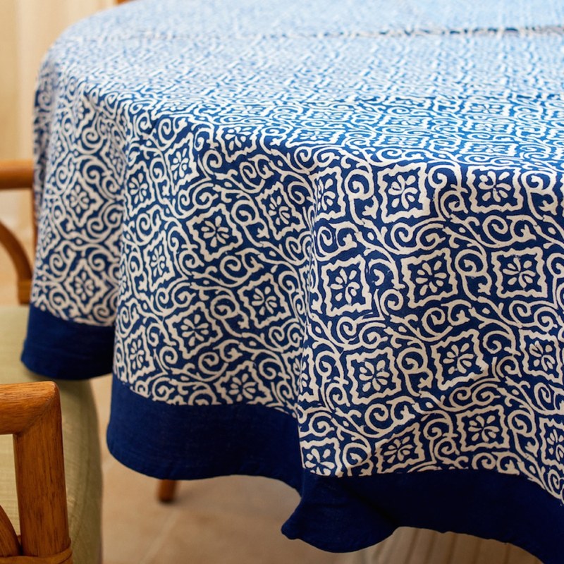 70" Round Blue White Block Print Tablecloth