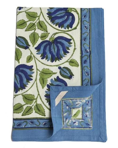 Blue Green Lotus Block Print Kitchen Towel